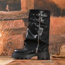 Retro Women's Black Boots, Thick-Soled Mid-Tube Zipper Boots, Fashionable Round-Toed Thick-Heeled Buckled Trouser Boots Suitable For Matching Shorts, Skirts And Jeans - màu đen - Xem 7