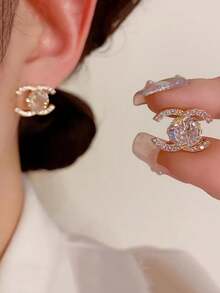 1 Pair Luxury Fully Rhinestone CC Monogram Geometric 925 Sterling Silver Stud Earrings, Suitable As Valentine's Day Gift For Goddess