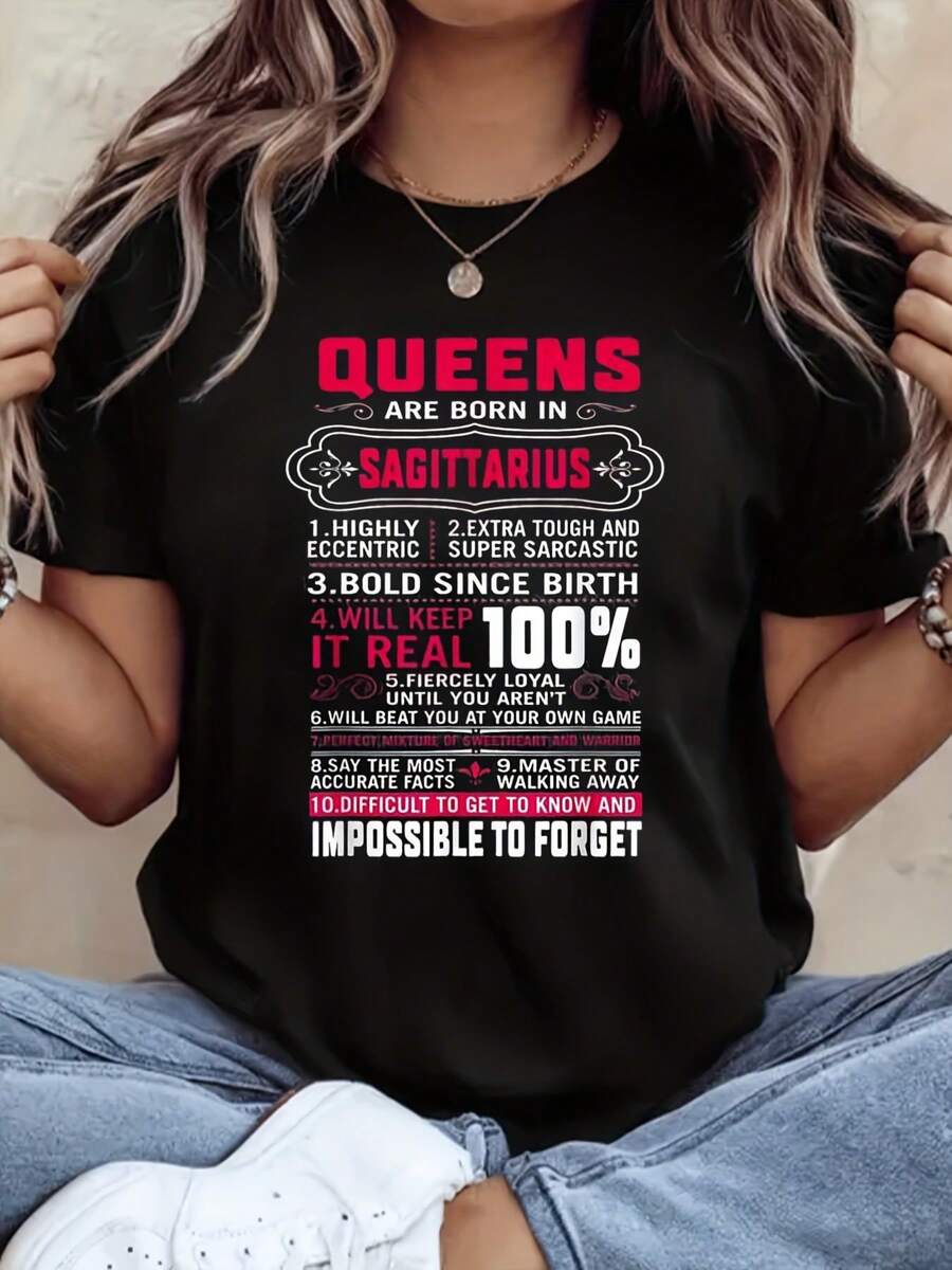 Sagittarius Queen Printed T-Shirt For Women, Large-Size Cotton Short-Sleeved Crew Neck Casual Top, 220g
