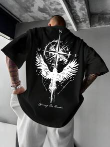 Men's Plus Size Short Sleeve T-Shirt, Compass Phoenix Print Casual Streetwear Tee, Loose Fit Adventure Graphic Top - Black - View 1