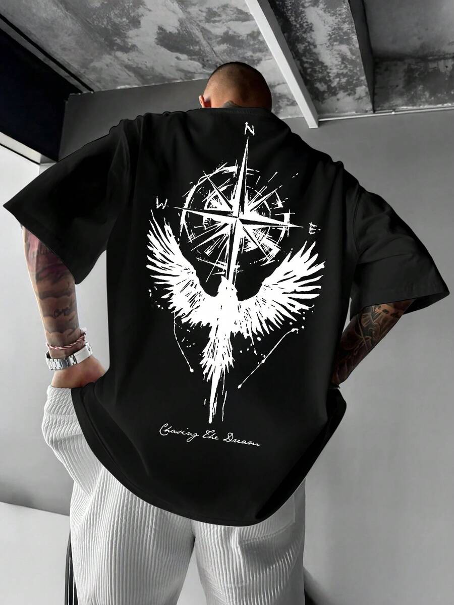 Men's Plus Size Short Sleeve T-Shirt, Compass Phoenix Print Casual Streetwear Tee, Loose Fit Adventure Graphic Top - Black - View 1