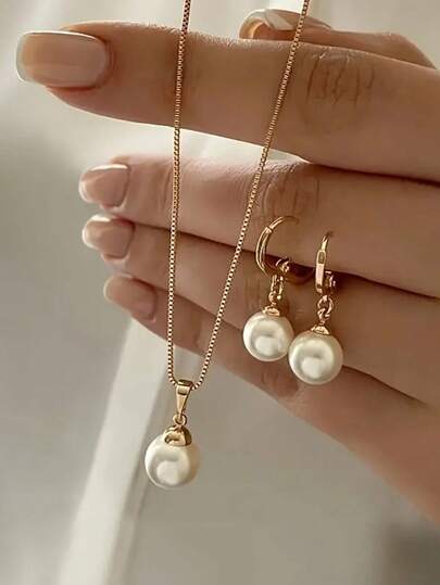 3pcs/Set Women Pearl Pendant Necklace And Earrings, Faux Pearl Pendant Alloy Necklace, Elegant Minimalist Cute Girl Fashion Jewelry, Suitable For Party, Gathering, Daily Wear, Perfect Gift For Wife, Girlfriend, Daughter, Mother