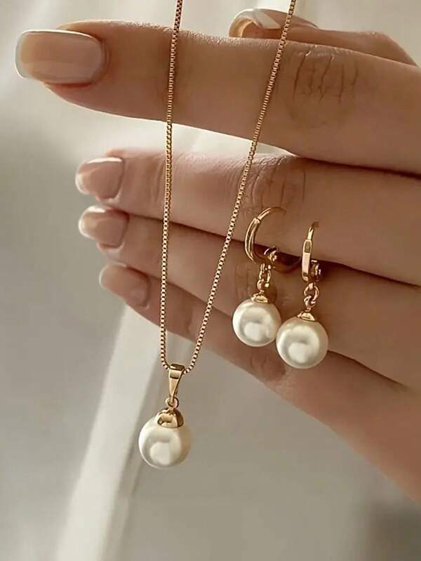 3pcs/Set Women Pearl Pendant Necklace And Earrings, Faux Pearl Pendant Alloy Necklace, Elegant Minimalist Cute Girl Fashion Jewelry, Suitable For Party, Gathering, Daily Wear, Perfect Gift For Wife, Girlfriend, Daughter, Mother