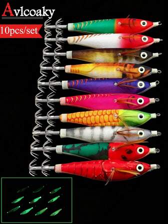 Avlcoaky 10pcs/Set 10.5cm Shrimp Fishing Lures Luminous Squid Jig Hook Shrimp Prawn Lure Artificial Hard Bait