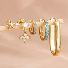 Juego de 3 piezas/5 piezas de nuevos pendientes de acero inoxidable chapados en oro de 18K para mujer, con diseños geométricos simples de círculo y cuadrado, pendientes de aro de lujo