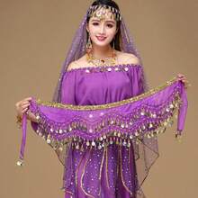 3-Layer Chiffon Wavy Coin Waist Chain, Belly Dance Hip Scarf