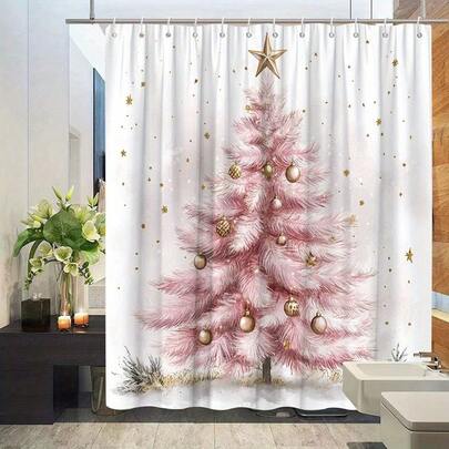 1pc Christmas Shower Curtain With Hooks Pink Snowflakes Golden Baubles Winter Wonderland 2D Flat Bathroom Partition Curtain For Windows Walls & Bathtub Polyester Fabric Easy To Clean Home Decor All Season Universal