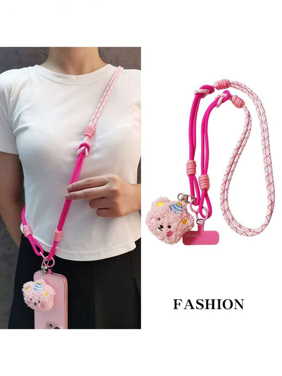 Correa de cordón ajustable con oso de peluche lindo y de dibujos animados, soporte para teléfono cruzado largo tipo collar