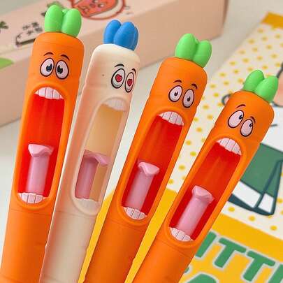 4支/8支/12支/16支装 - 胡萝卜造型趣味按压式中性笔，吐舌笔芯，问答笔，适合学生、上班族等，缓解生活无聊