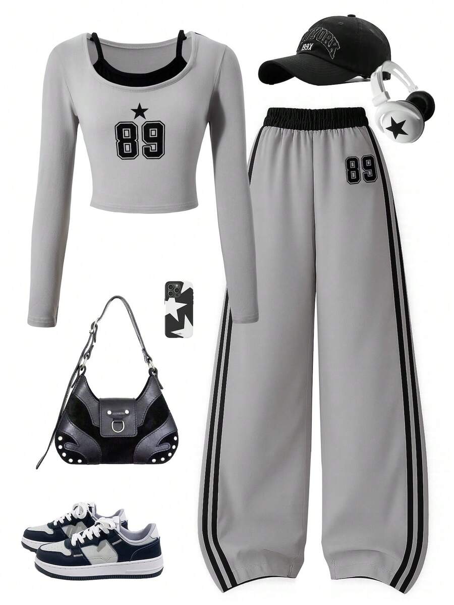 两件套女童时尚休闲套装，数码印花，方领无袖上衣搭配白色条纹裤，适合春、秋、冬户外、日常聚会和旅行穿着。 - 灰色 - 查看 1