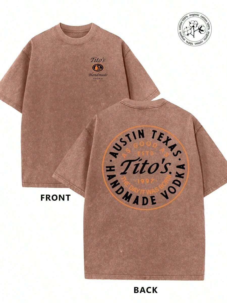 1pc   Summer Outfits  Valentine's Day 230g Washed And Used T-Shirt, Front Tito's Handmade Vodka Logo, Back With "AUSTIN TEXAS Tito's HANDMADE Vodka" Circular Text And Brand Logo, Tito's Vodka Theme Mens Clothes Graphic Tee - 卡其色 - 查看 1