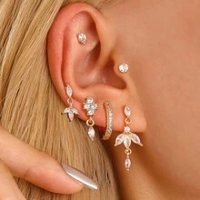 4-7pcs Gold Tone Earring Set, Delicate Stud Earrings, Small 14K Gold Plated Hypoallergenic Dangle Earrings, Ear Cuffs, Women's Gold Jewelry, Gift For Her, Christmas & New Year Gift - Gold - View 17