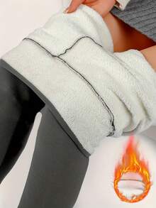 1pc Comfortable & Warm Fleece Leggings, Casual Elastic Pocket High Waist Full Length Leggings, Autumn/Winter - Clear - View 3