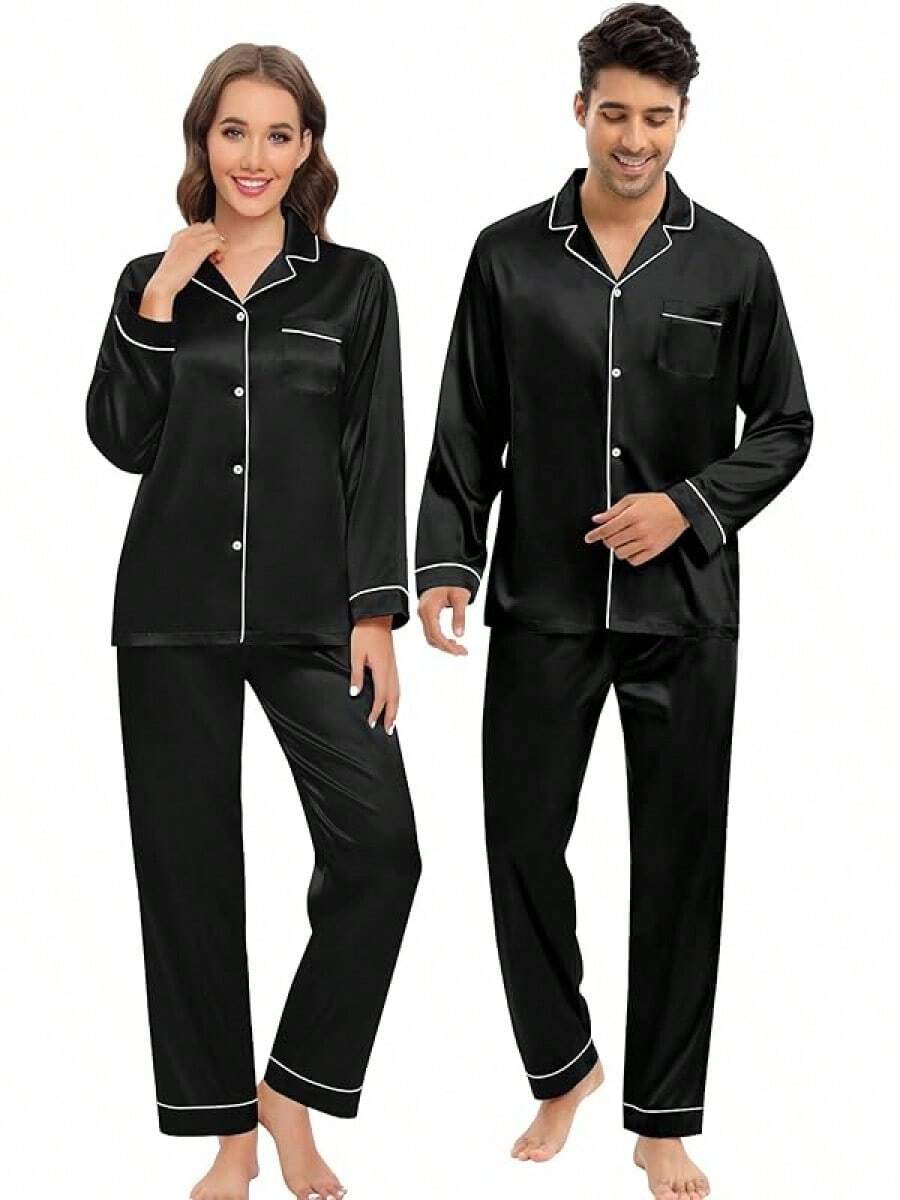 Silk Satin Pajamas Set For Couple Matching PJS Women Men 2 Piece Button Down Loungewear Sleepwear Long Sleeve Pjs Sethalloween - màu đen - Xem 1
