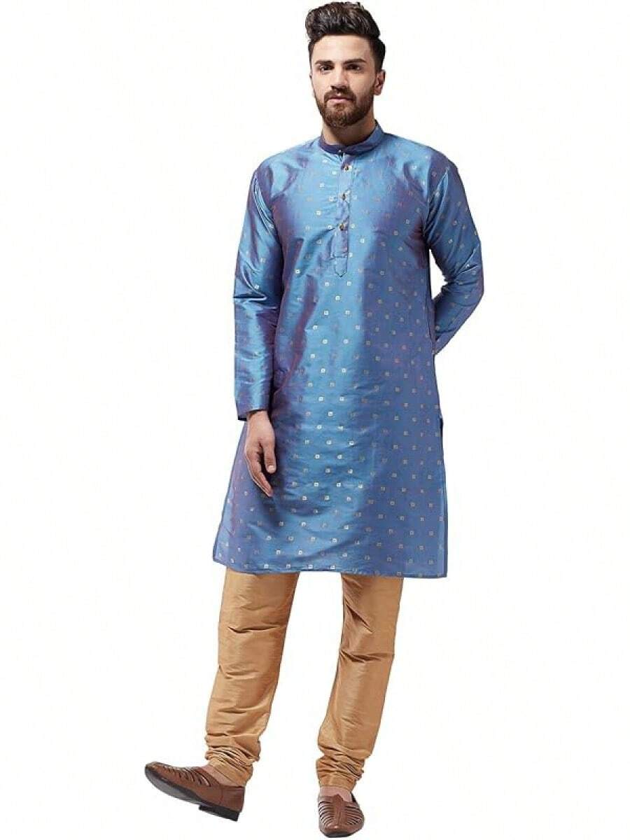 (Since 1958 Men'S Silk Blend Printed Long Kurtahalloween - 藍色 - 查看 1