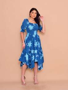 Helena Midi Dress With Printed Crepe Lastex Stitch And Short Sleeves - 水鴨藍 - 查看 5