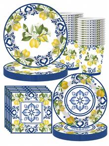 10pcs Lemon Party Paper Plate, Lemon Theme Party Decor, Spring Summer 7/9 Inch Blue Tile Yellow Lemon Dessert Plate, Disposable Tableware Set, Suitable For Picnic, Outdoor Party, Birthday Party - Multicolor - View 1