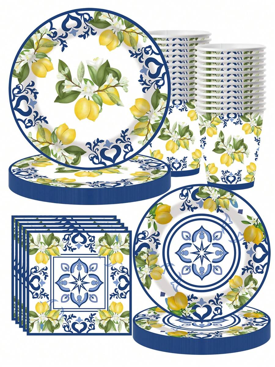10pcs Lemon Party Paper Plate, Lemon Theme Party Decor, Spring Summer 7/9 Inch Blue Tile Yellow Lemon Dessert Plate, Disposable Tableware Set, Suitable For Picnic, Outdoor Party, Birthday Party - Multicolor - View 1