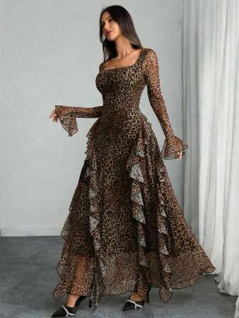 大码女式豹纹方领长袖荷叶边下摆优雅连衣裙