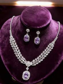 3pcs Royal Style Silver Jewelry Set - Crown, Necklace And Earrings Embellished With Purple Gemstones And Crystals, Ideal For Weddings And Pageants - Multicolor - View 3
