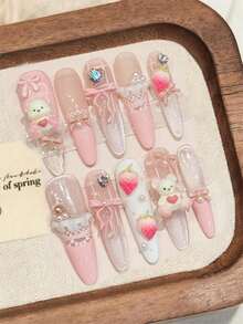 10 Pcs Luxury Handmade Press On Nails Long Stiletto False Nails Pink Light Dream Design False Nails With 3 PiecesTool Adhesive Nail Glue Tabs Suitable For Girls And Ladies In Their Daily Work And Life. Fall Style.Pink Nails.Long Nails