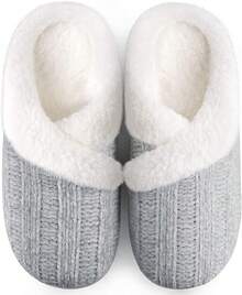 Women's Fuzzy Slip-On Slippers Indoor And Outdoor Use, Comfy Foam, Anti-Skid Rubber Hard Sole - Grey - View 1
