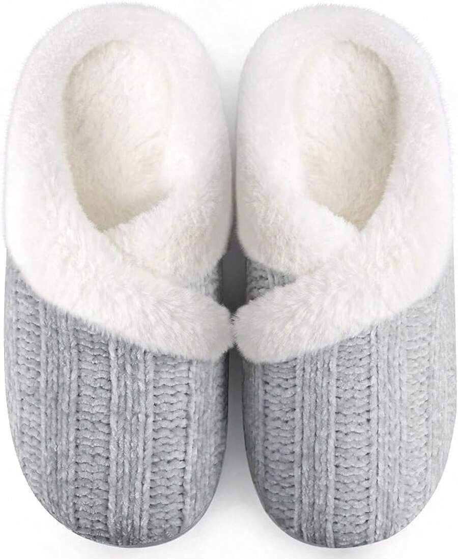 Women's Fuzzy Slip-On Slippers Indoor And Outdoor Use, Comfy Foam, Anti-Skid Rubber Hard Sole - Grey - View 1