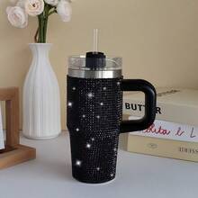 1pc 14oz Stainless Steel Cup With Handle & Straw - Double-Wall Insulated Travel Mug, Spill-Proof Lid - Keeps Drinks Hot/Cold For Hours - Elegant Glittering Diamonds - Perfect For Car, Office, Camping, Holidays - Ideal Christmas, Birthday, Valentine's Gift - (Black/Pink/Blue/), Travel Coffee Mug Insulated, Camping Essentials, Rhinestone Embellished, Quality Insulation, Office Drinkware, Decorative Drinkware, Premium Material, Hot And Cold Cup, Outdoor Enthusiasts, Perfect For Thanksgiving - Rhinestone Blue - 查看 3
