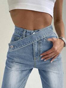 Women's Y2K Washed Asymmetric Belt Decor Casual Jeans With Side Pockets