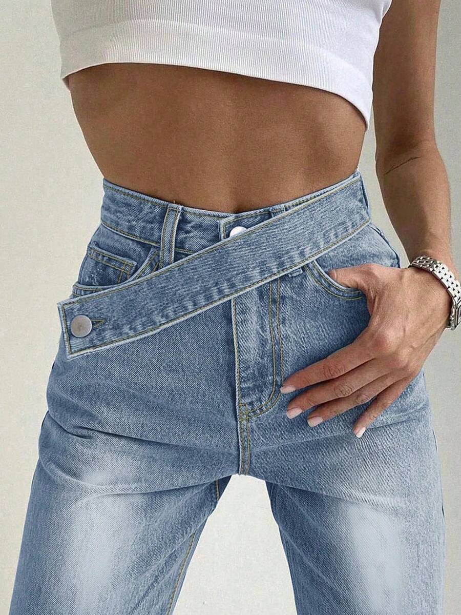 Women's Y2K Washed Asymmetric Belt Decor Casual Jeans With Side Pockets