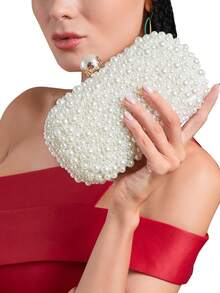 水钻珠宝闪亮项链耳环手链套装，奢华闪亮水钻仿珍珠手拿包，适合派对、浪漫婚礼、春夏链条单肩包、新娘包、正式舞会手拿包、优雅晚礼服包，非常适合派对婚礼舞会晚宴/宴会