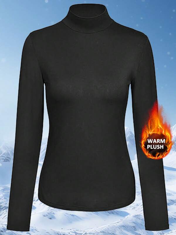 Damen Warmes Langarm T-Shirt - Rollkragen Layering Winter Top, Weich & Kuschelig Schwarz Basisschicht, Innen- & Außenbereich Lässig Tragen, Dick & Isoliert, Einfarbiges Design, Glatte Textur