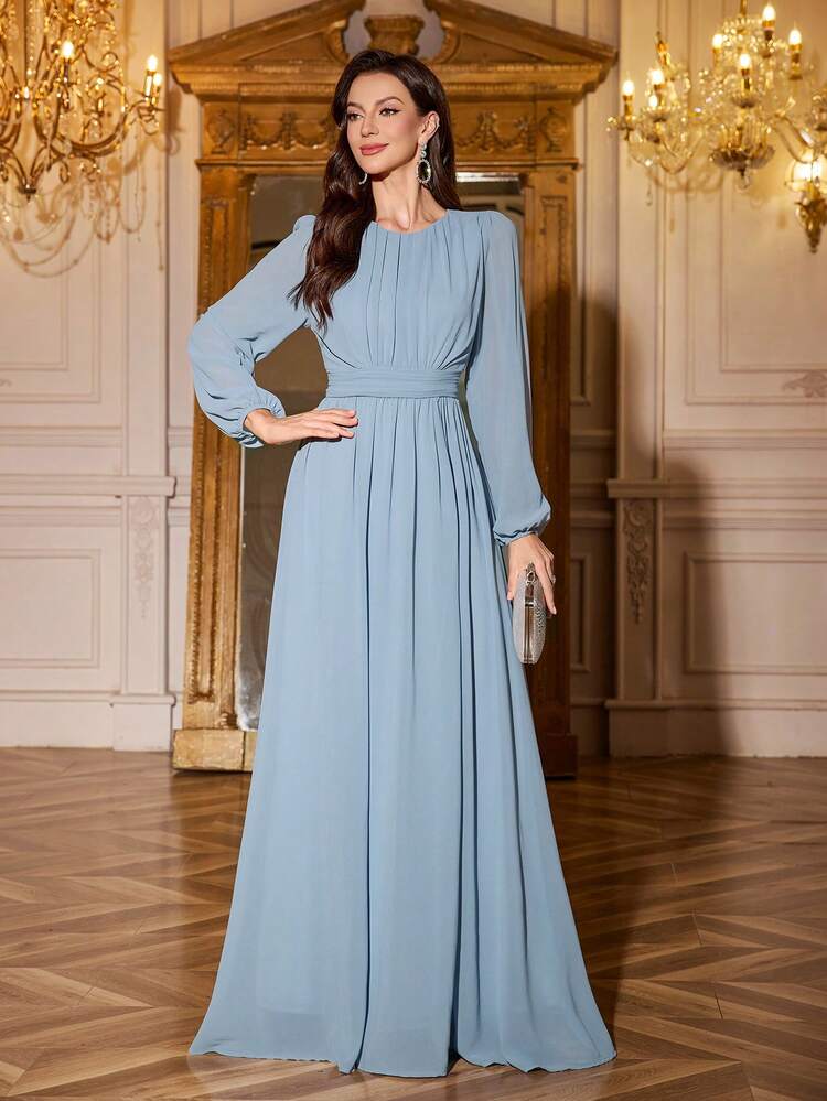 Volly Toych Vestido Longo de Dama de Honra Chiffon Elegante Azul Acinzentado de Manga Longa, Mangas Sem Forro, Com Busto Franzido e Decote Canoa Para Ocasiões Especiais, Perfeito Para Eventos de Outono - Azul Empoeirado - Visão 1