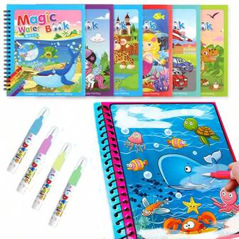 Magic Water Drawing Book, Reusable Doodle Painting Book, Educational Magic Watercolor Painting Book, Art Activity Drawing Set, Ocean, Animal, Transportation, Dinosaur, Party, Youth Birthday, Creative Holiday Gift Set, Arts & Crafts Set, Mixed Colors, Paper Material (Pen Color Random)