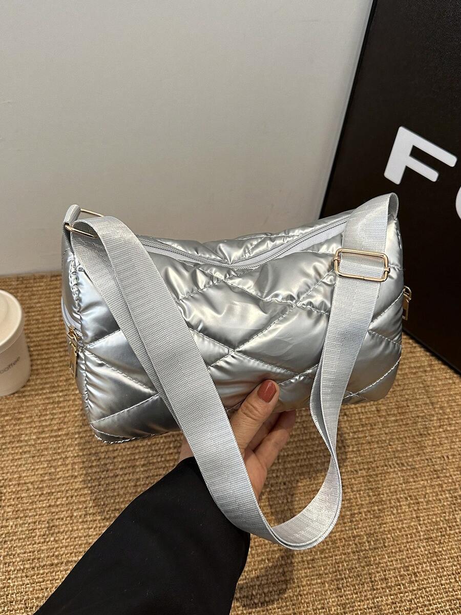 1 件绗缝闪亮涤纶拉链斜挎包，时尚女性日常使用 - 銀色 - 查看 1