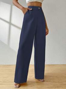 A&DD MODA, REF: AS1255 Women's Tailored Pants, High Waist, Wide Leg, Sophisticated, Blogger, Formal, Casual, Elegant, Flare, Wide Leg, Comfortable, Modern, Stylish Look, Premium Quality, Women's Pants, Chic Look ✨ - 藏蓝色 - 查看 3