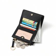 新款女士钱包钥匙扣不对称设计超薄紧凑型对折拉链零钱包女士钱包迷你钱包小钱包可爱钱包腕包卡包零钱包 - 黑色 - 查看 5