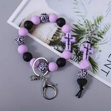 Leopard Wood Beads Multicolor Silicone Beads Key Ring-Mixed Beads Bracelet Keychain,Cross Silicone Keychain,Backpack Accessories,Pendant Gift