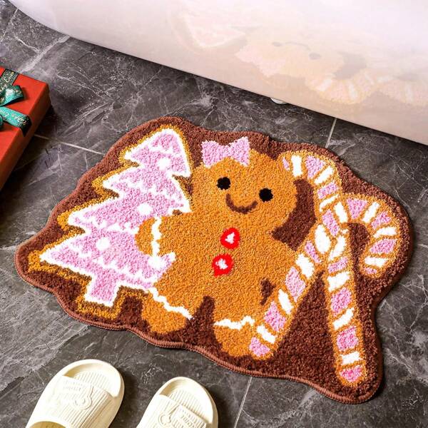 1pc Creative Gingerbread Girl Christmas Faux Wool Rug, Bathroom Mat, Decorative Mat, Made Of High-Quality Faux Wool, Multicolor, Approx. 10mm Thick, Suitable For Living Room, Bedroom, Study, Bathroom, New Arrival, Hot Seller, Machine Washable, Soft & Skin-Friendly, Stylish Home Decor, Bedroom Carpet, Study Carpet, Living Room Carpet, Kids Carpet, New Home Carpet, All Season