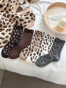 5 Pairs Women's Fashion Leopard Print Angora Blend Ankle Socks, Red And Burgundy Tones, Christmas Gift - Brown - View 7