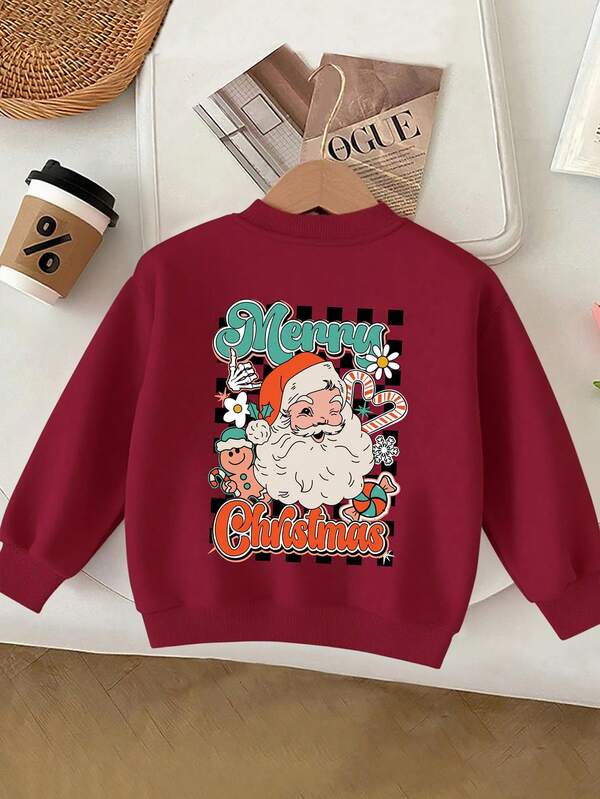 Young Girl Santa Claus Print Thermal Lined Crew Neck Sweatshirt, Casual Winter Outfit