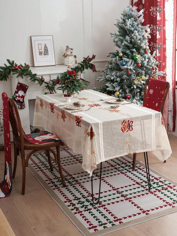 1pc Bell Embroidered Tablecloth, Decorative Table Cover For Holiday Decor