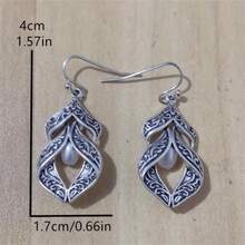 1 Pair Women's Vintage Earrings - Carved Textured Design With Faux Pearl Pendant, Ideal For Casual Daily Wear - 復古銀色 - 查看 4