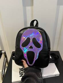 Fashionable Contrast Color Skull Print PU Mini Backpack, Casual Versatile Daypack Suitable For Women, Halloween Use, Phone Pouch (Relatively Small Size)