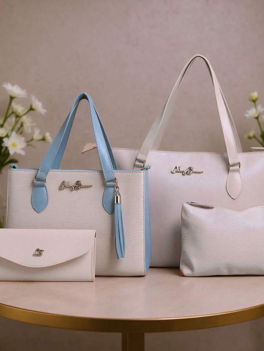 Kit 4 Anjik Medium Women's Bags + Wallet + Tote Bag + Toiletry Bag, Zipper Closure, Synthetic PU, Everyday Bag, Luxurious, Elegant, Party, Work, School, University. Gaby Show - Xanh đậm - Xem 1