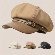 1pc Vintage Style Women's Cotton Blend Newsboy Cap, Casual Painter Beret With Buckle Detail, Breathable Non-Stretch Fabric, Hand Wash/Dry Clean, Suitable For All Occasions - 卡其色 1 - 查看 1