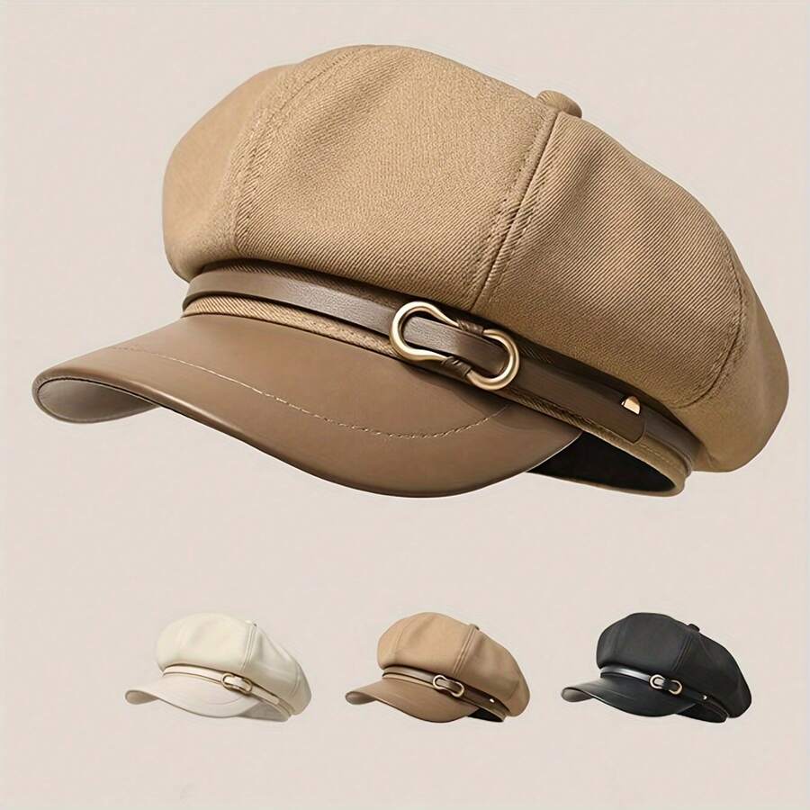 1pc Vintage Style Women's Cotton Blend Newsboy Cap, Casual Painter Beret With Buckle Detail, Breathable Non-Stretch Fabric, Hand Wash/Dry Clean, Suitable For All Occasions - 卡其色 1 - 查看 1