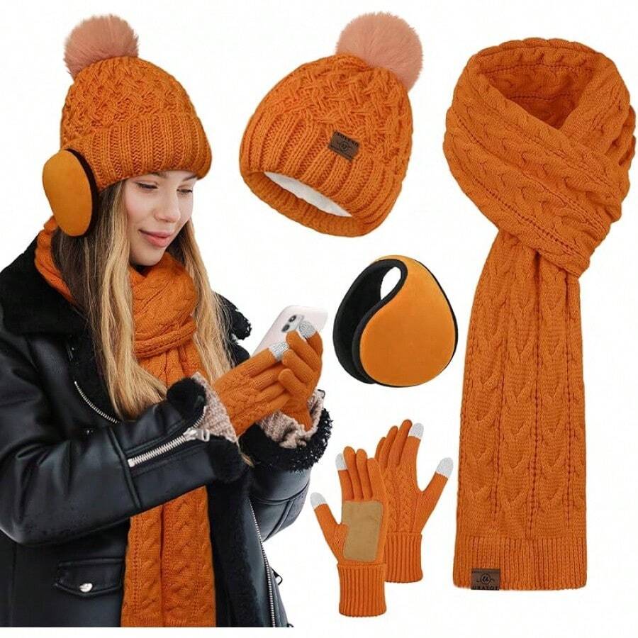 URATOT Women Winter Beanie Hat Scarf Gloves Ear Warmer 4 In 1 Set Beanie Pompom Hat Touchscreen Gloves Long Scarf Ear Warmer - 橘子 - 查看 1