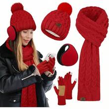 URATOT Women Winter Beanie Hat Scarf Gloves Ear Warmer 4 In 1 Set Beanie Pompom Hat Touchscreen Gloves Long Scarf Ear Warmer - Red - View 12