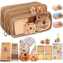 Estuche de papelera de gran capacidad con 4 compartimentos, estuche de lpices extrable, estuche de lpices de lona, caja de almacenamiento de papelera, adecuado para la escuela, la oficinaMarrn - Marrón - Ver 2